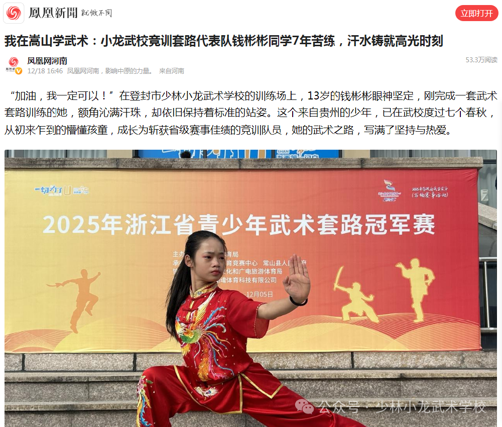 少林小龙武校竞训套路代表队钱彬彬同学7年苦练，汗水铸就高光时刻